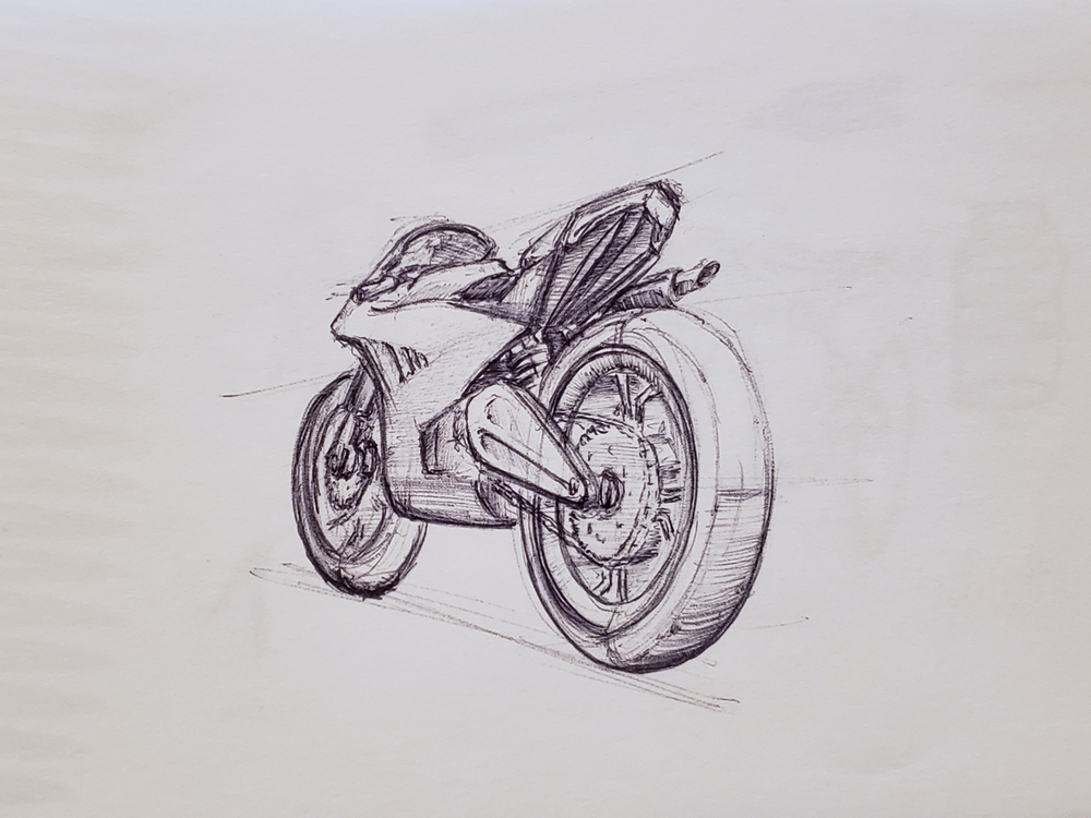 Sportbike rear 3/4 view pen sketch.